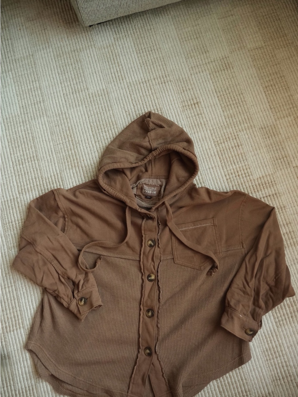 American Eagle Outfitters Washed Brown Hooded Waffle Knit Pullover